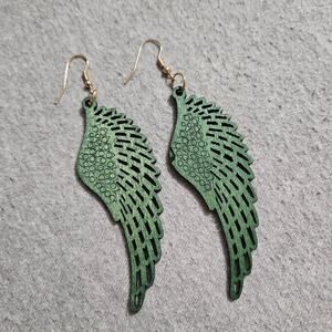 Boutique Forest Green Angel Wings Wood Earrings ~ Whimsygoth Punk Biker Witchy
